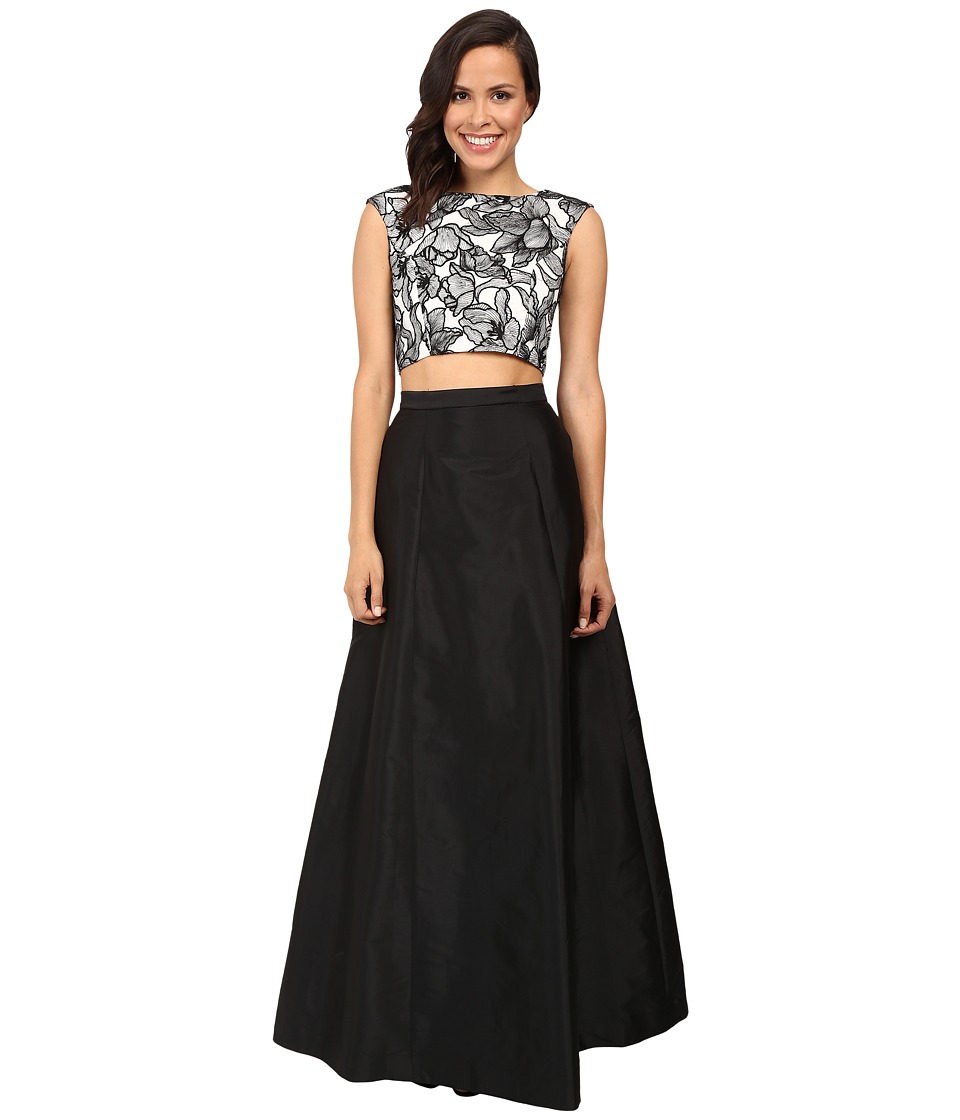 Aidan Mattox Two-Piece Embroidered Cap Sleeve Top w/ A-Line Taffetta Skirt (Black/Ivory) Women
