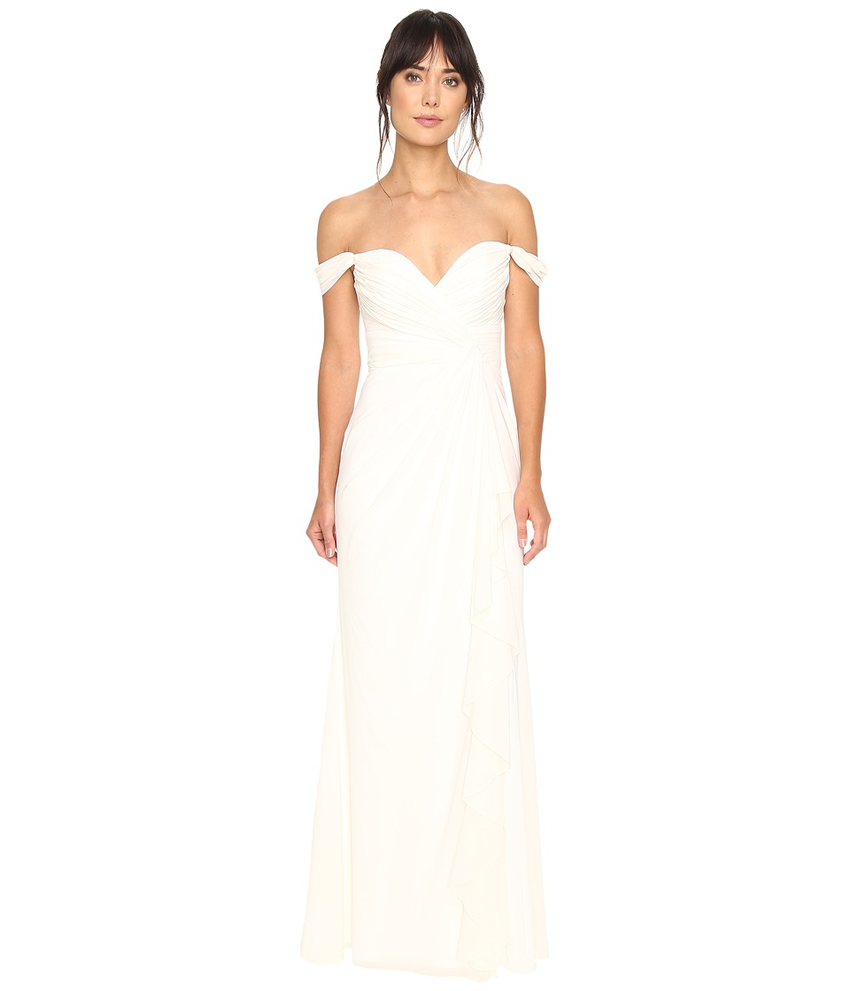 Badgley Mischka Off the Shoulder Ruffle Gown (Light Ivory) Women