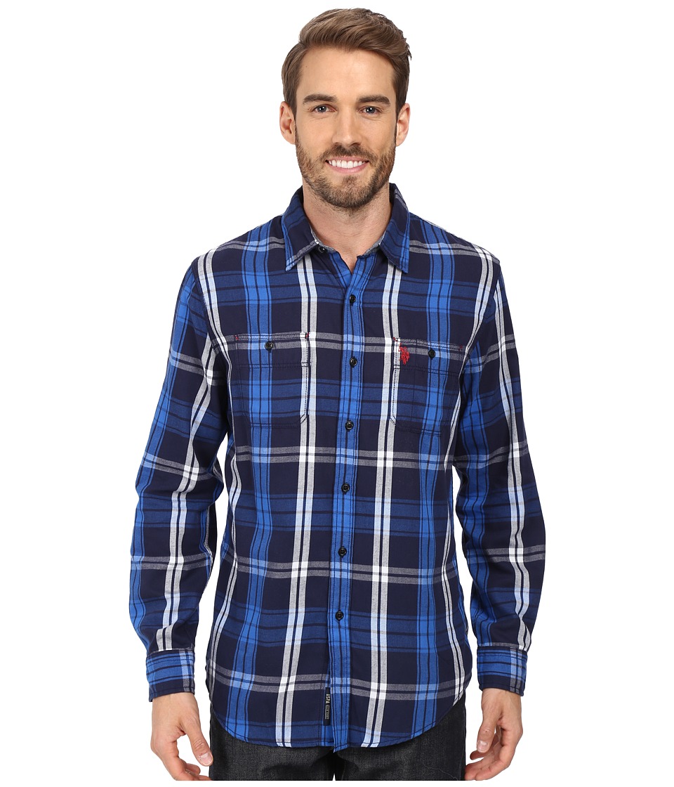 U.S. POLO ASSN. Long Sleeve Classic Fit Plaid Peached Twill Straight Point Collar Sport Shirt (Classic Navy) Men