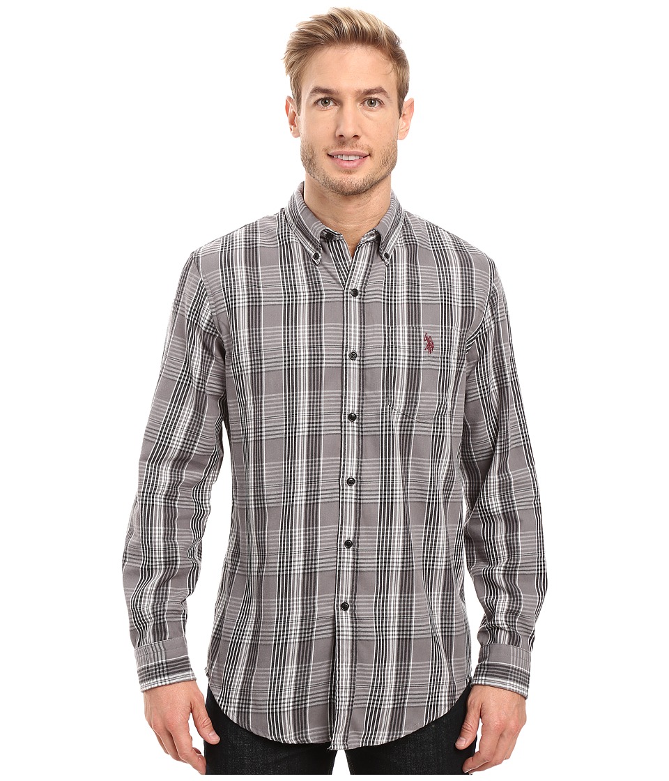 U.S. POLO ASSN. Long Sleeve Classic Fit Plaid Peached Twill Button Down Sport Shirt (Mid Grey) Men