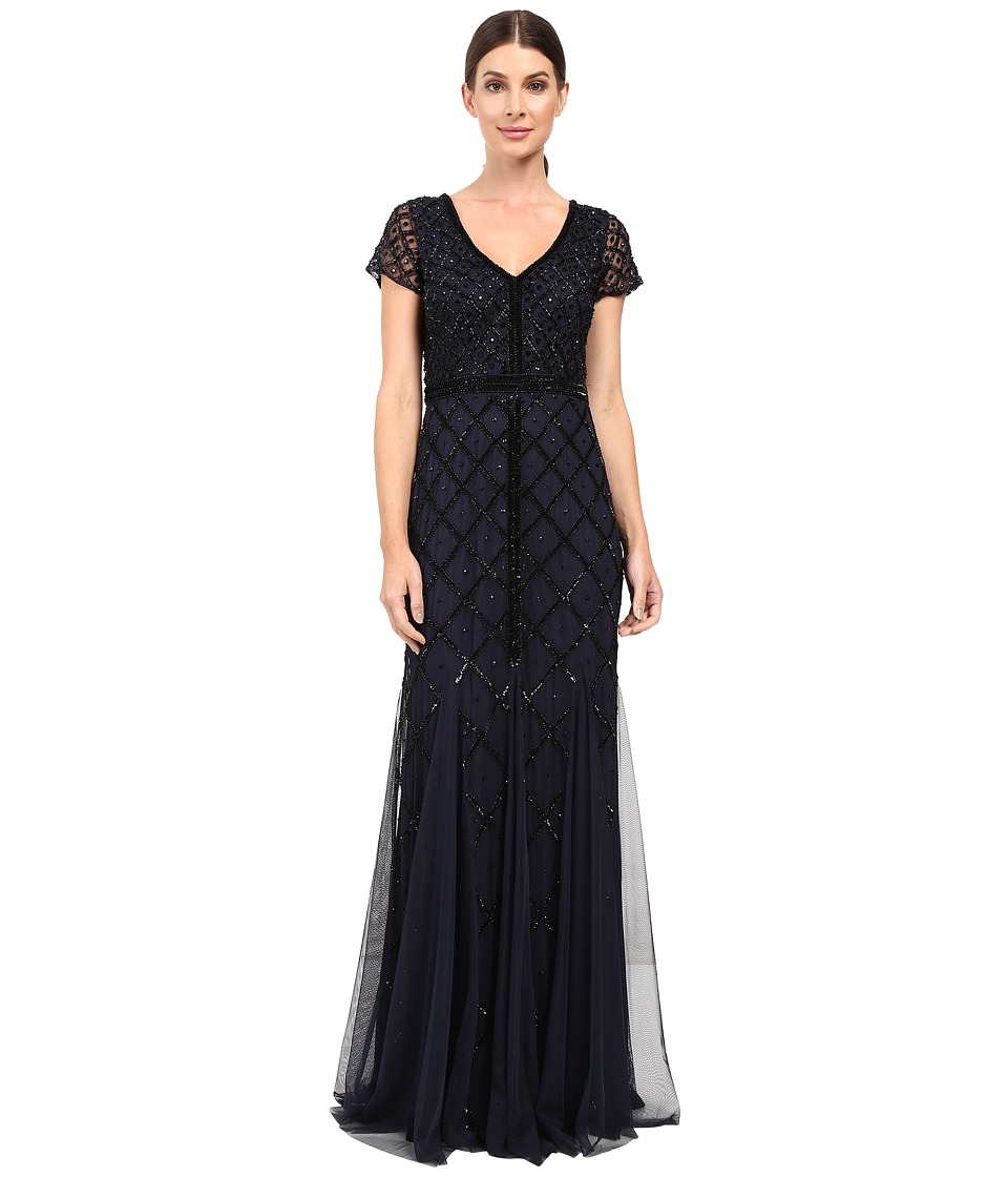 Adrianna Papell Short Sleeve V-Neck Beaded Godet Gown (Navy) Women