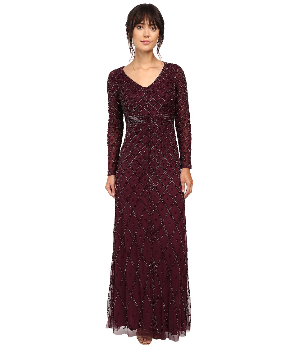 Adrianna Papell Long Sleeve V-Neck Beaded Gown (Cassis) Women