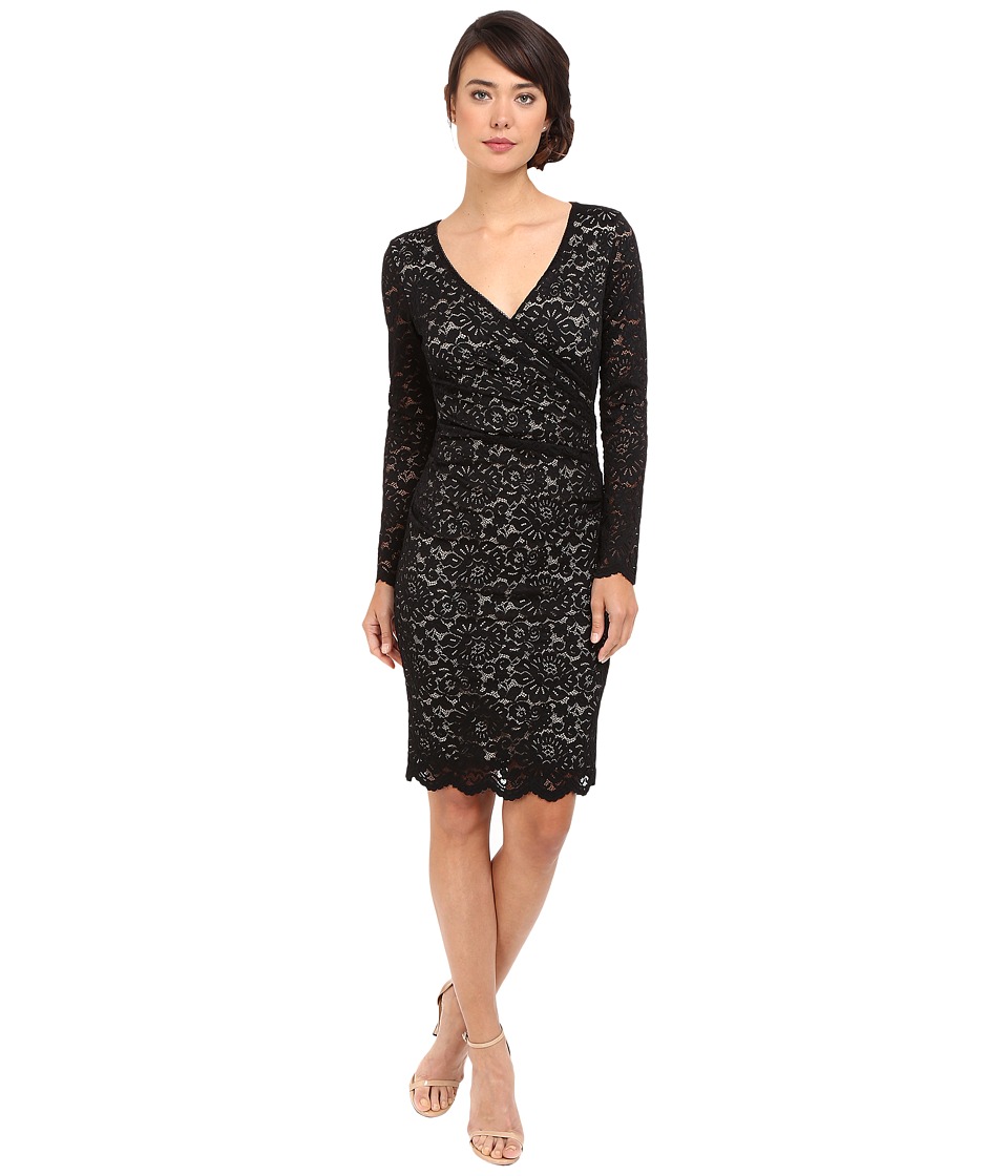 Nicole Miller Floral Stretch Lace Long Sleeve Dress (Black/Nude) Women