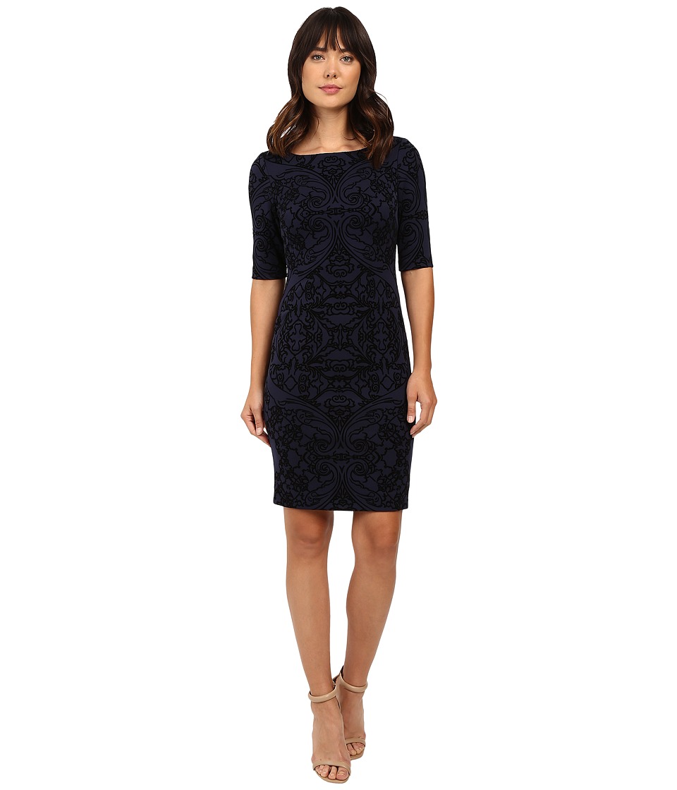 Tahari by ASL Flocked Scuba Sleeved Sheath (Navy/Black) Women