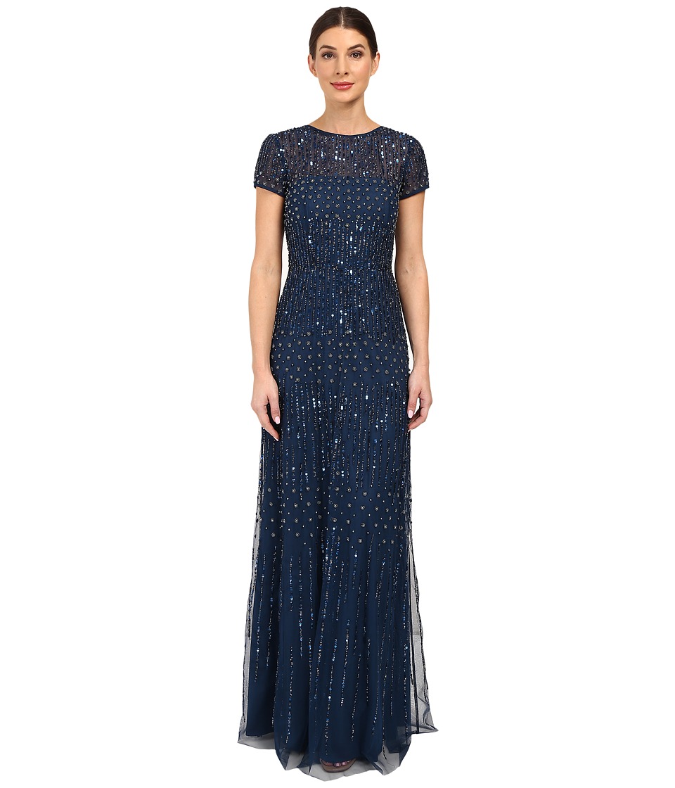 Adrianna Papell Short Sleeve Fully Beaded Gown (Deep Blue) Women