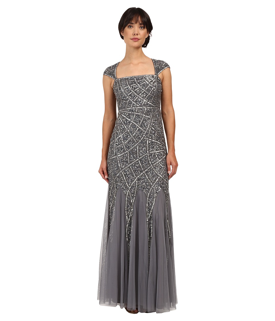 Adrianna Papell Cap Sleeve Envelope Beaded Gown (Sterling) Women