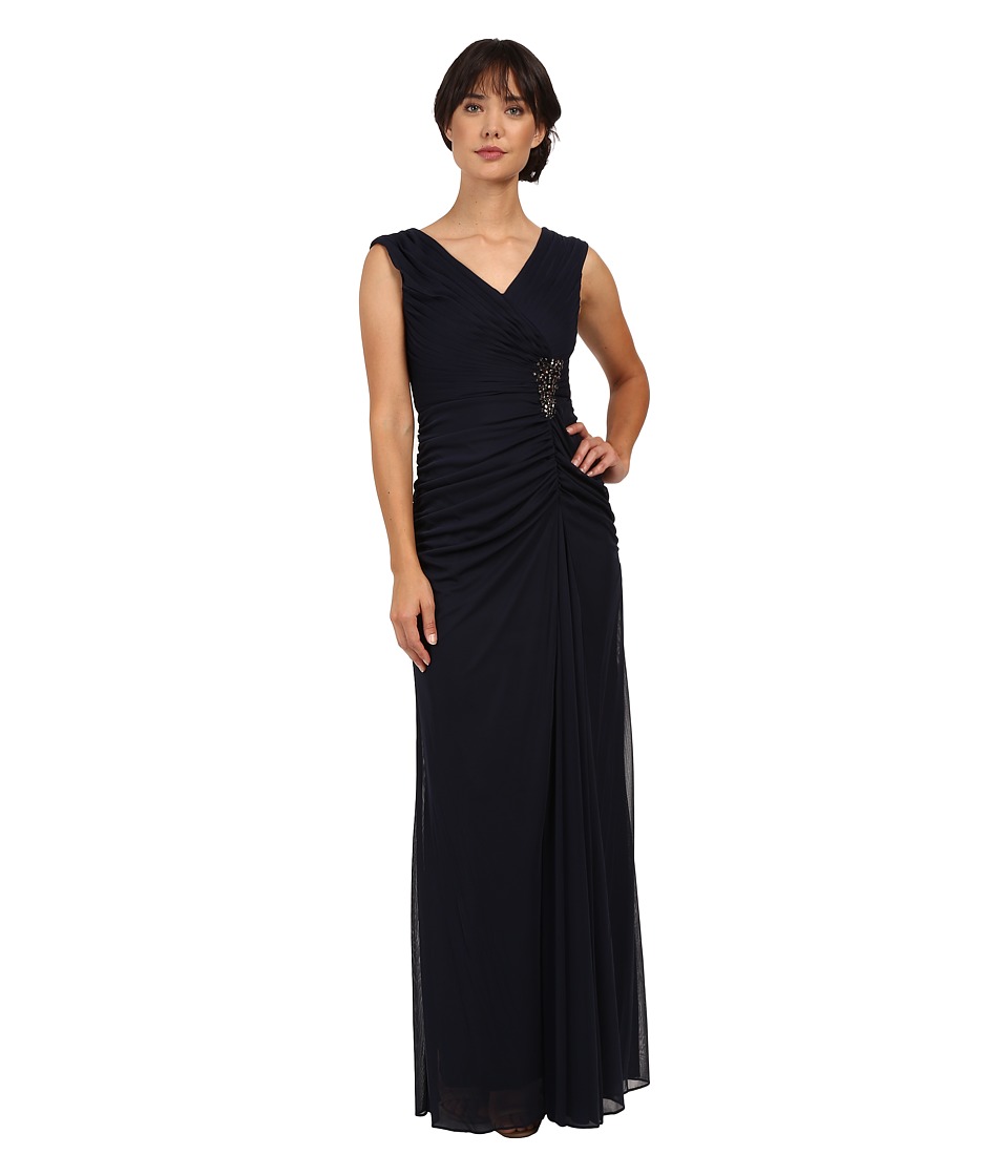 Adrianna Papell Cap Sleeve Shirred Gown with Bead (Ink) Women