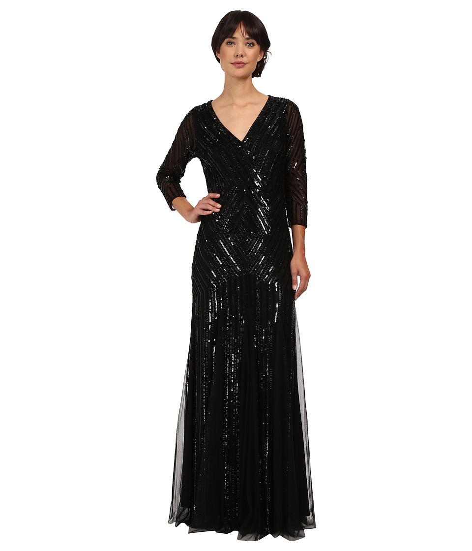 Adrianna Papell 3/4 Sleeve Beaded Wrap Front Gown (Black) Women