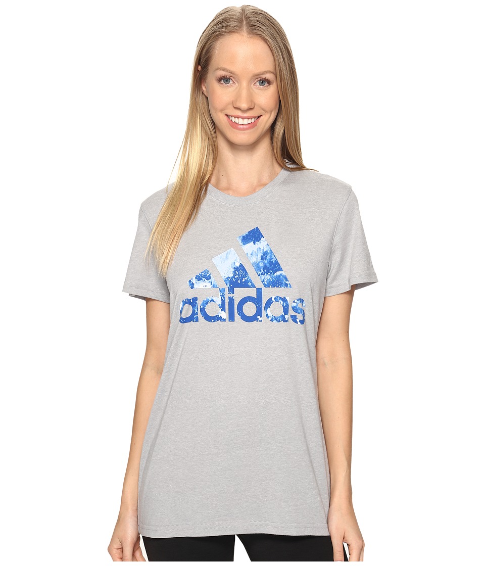 adidas Badge Of Sport Raw Tee (Medium Grey Heather/Blue) Women