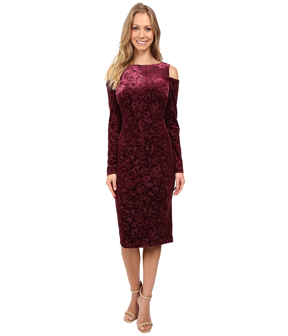 Maggy London Shadow Rose Burnout Sheath with Cold Shoulder (Dry Cherry) Women