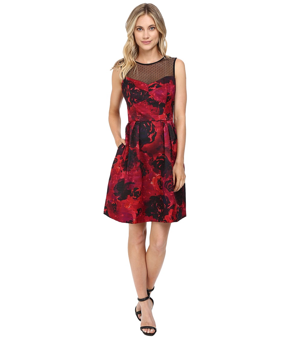 Maggy London Printed Floral Texture Fit and Flare (Black/Red) Women