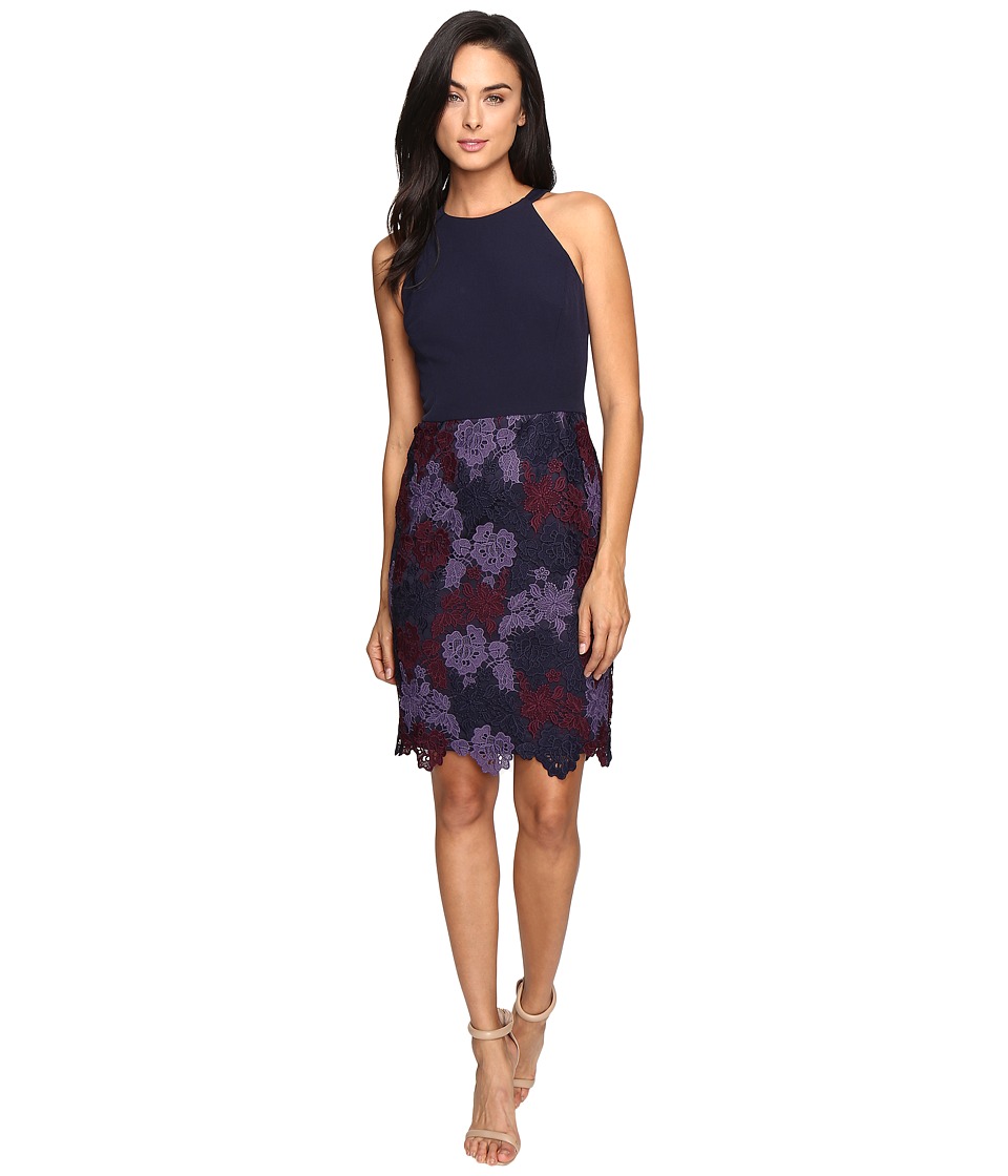 Maggy London Tri-Tone Lace and Crepe Sheath (Navy/Burgundy) Women