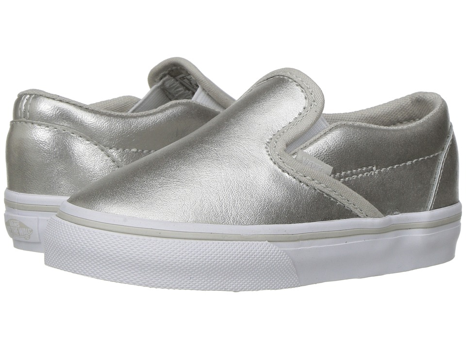 Vans Kids Classic Slip-On (Toddler) ((Metallic) Silver/True White) Girls Shoes