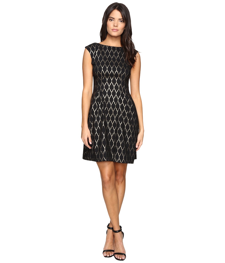 Vince Camuto Extended Cap Fit and Flare Dress (Black/Gold) Women