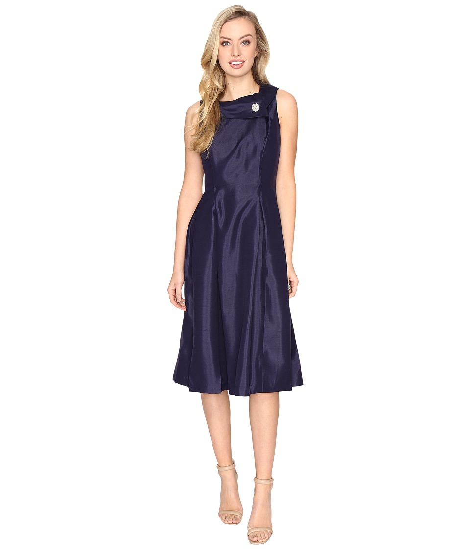 Tahari by ASL Pearl Brooch Tea-Length Fit Flare Dress (Marine Blue) Women