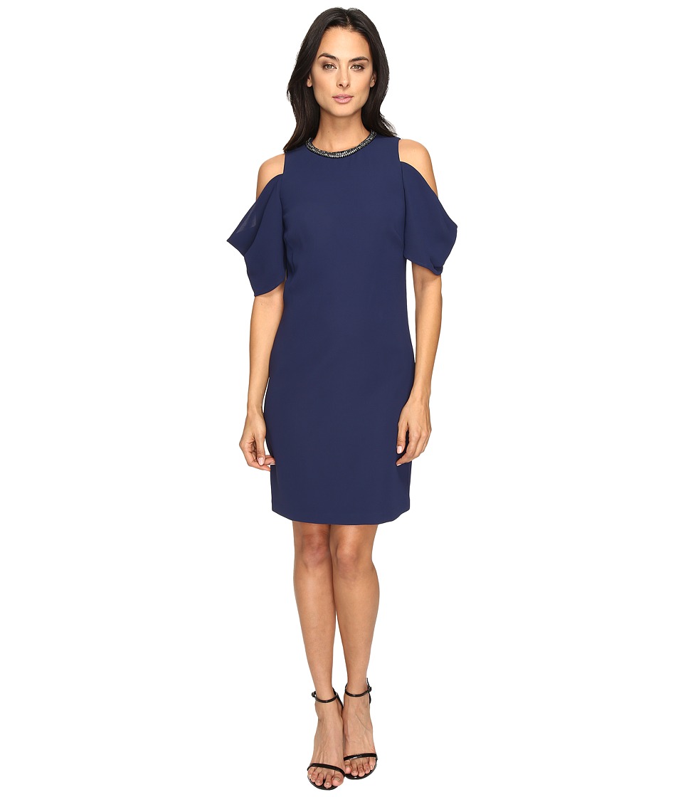 Laundry by Shelli Segal Embellished Neck Crepe Dress (Midnight) Women