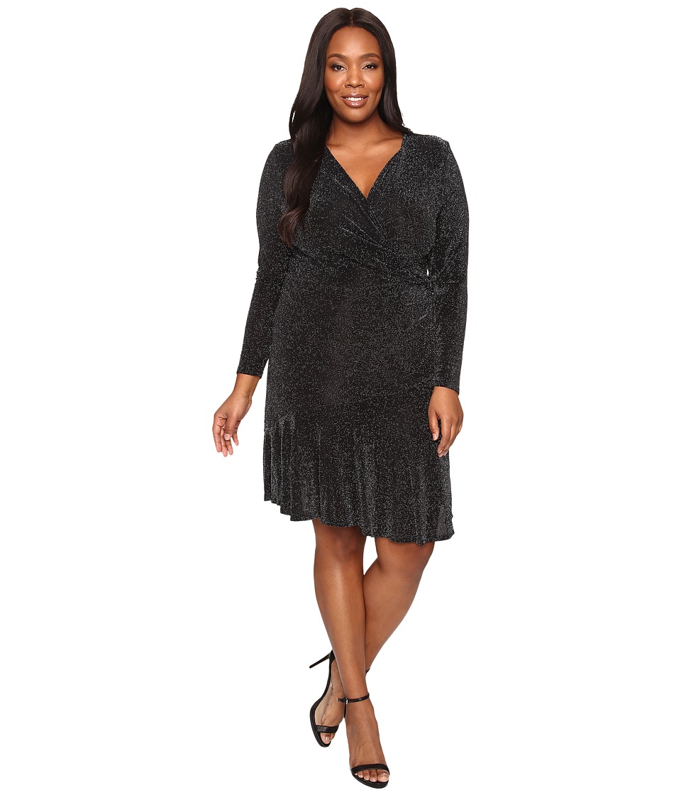 MICHAEL Michael Kors Plus Size Long Sleeve Wrap Flounce Dress (Black) Women