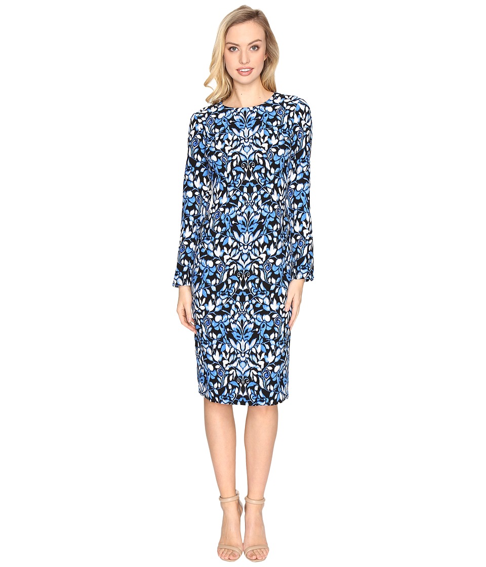 Maggy London Blossom Flower Printed Crepe Sheath Dress (Black/Azure) Women