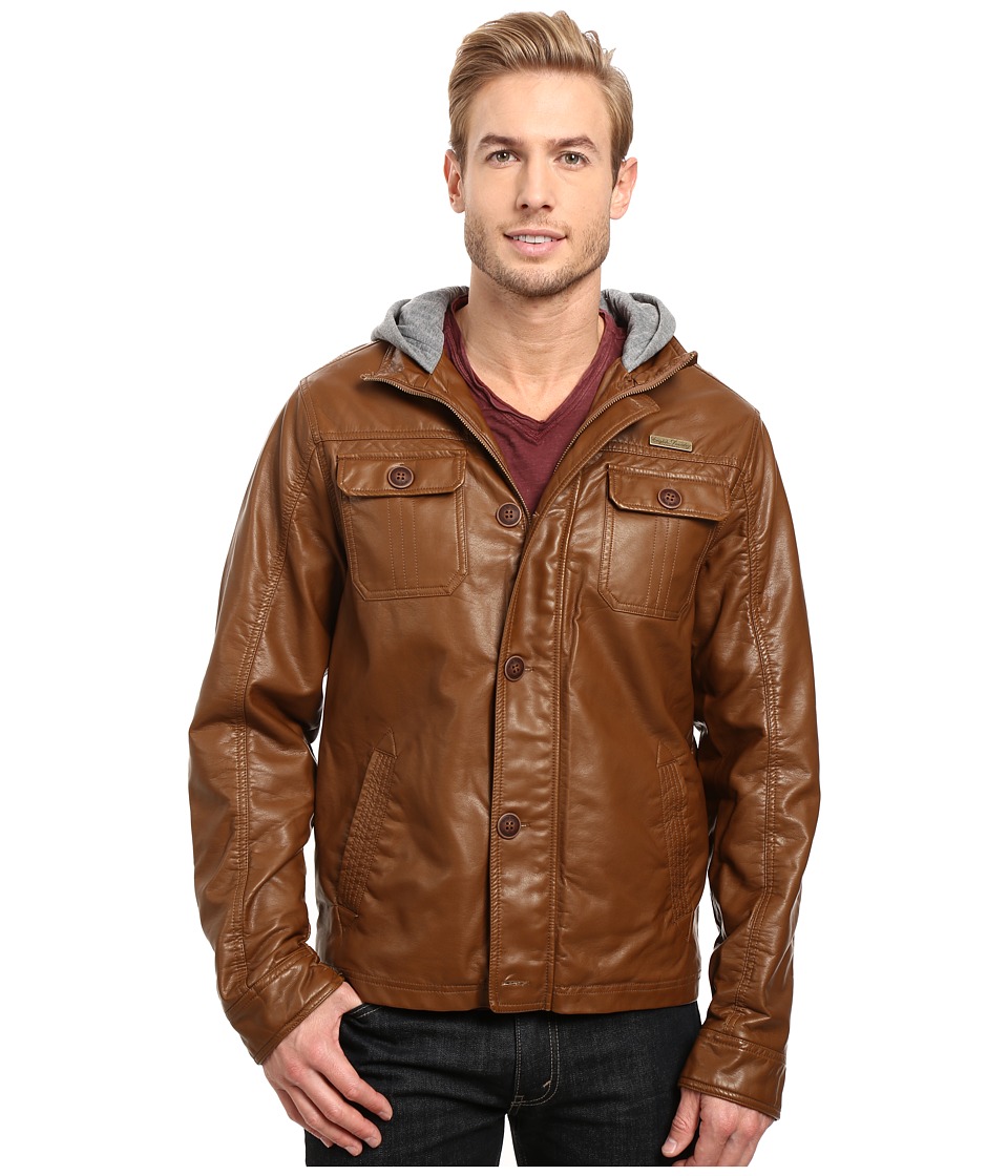 English Laundry - PU Leather Jacket w\/ Fleece Hood (Saddle) Men's Coat