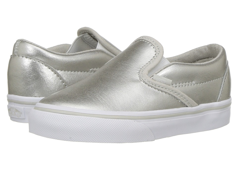 Vans Kids Classic Slip-On (Toddler) ((Metallic) Silver/True White 1) Girls Shoes