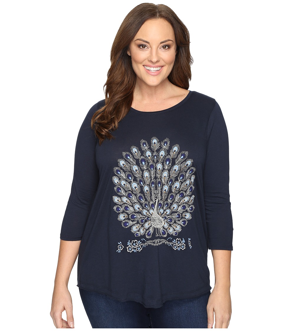 Lucky Brand Plus Size Embroidered Peacock Tee (American Navy) Women