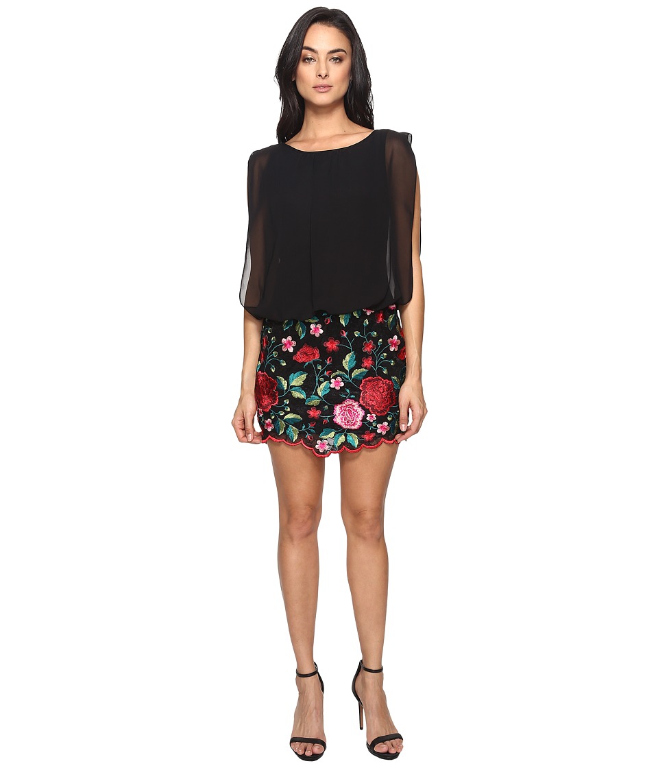 Aidan Mattox Blouson Cocktail Dress with Multi Colored Embroidered Floral Lace Skirt (Red/Multi) Women