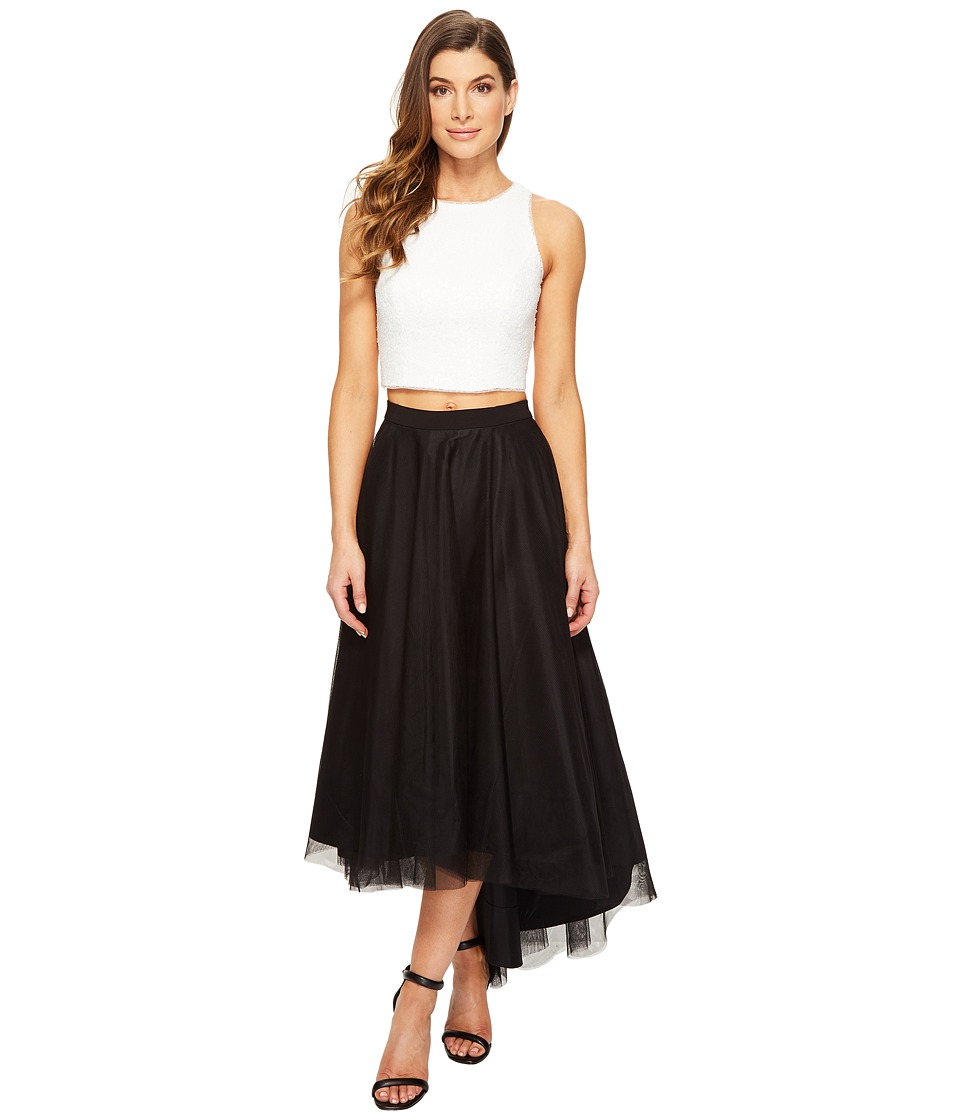 Aidan Mattox Ivory Sequin Halter Top with High-Low Black Mesh Skirt (Ivory/Black) Women