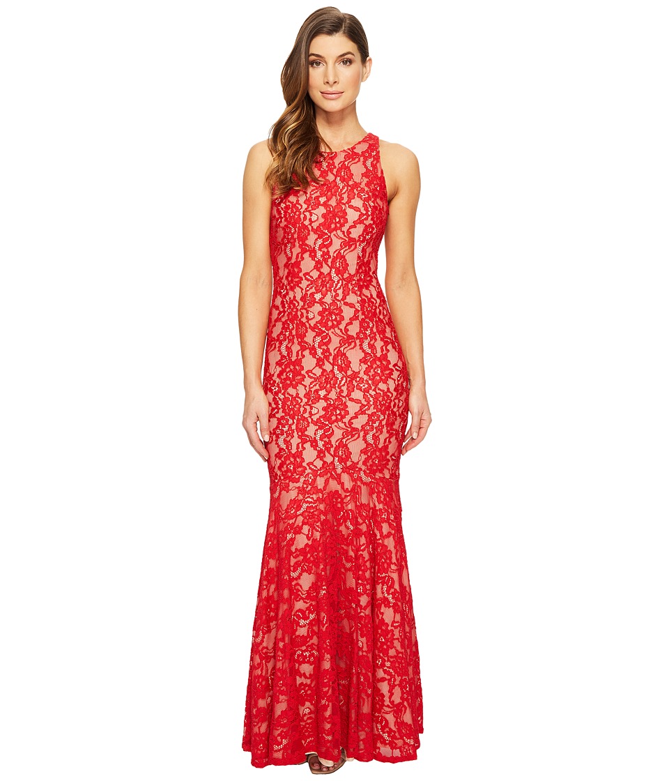 Aidan Mattox Long Stretch Lace Gown with Godet Hem (Red/Nude) Women