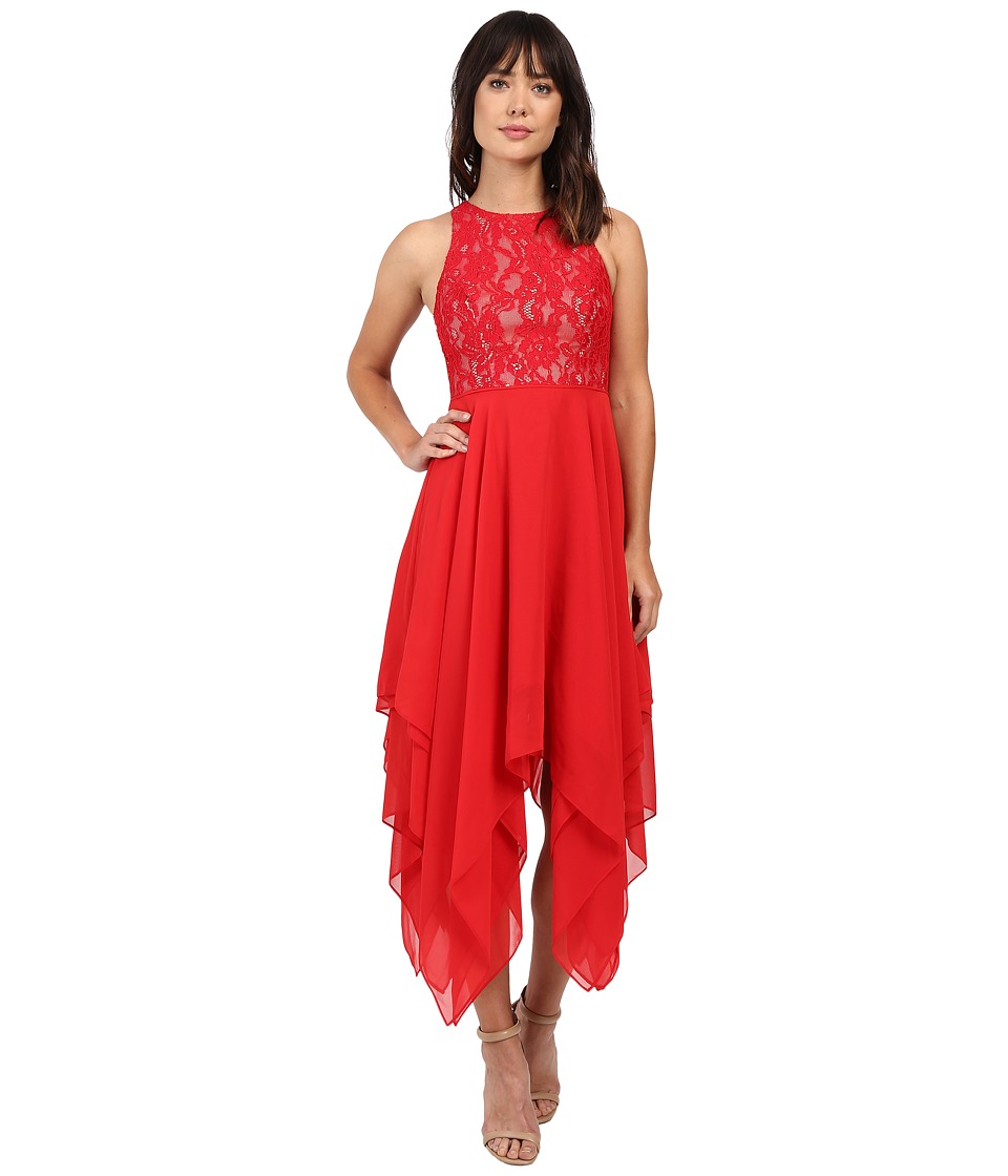 Aidan Mattox Stretch Lace Halter Cocktail Dress with Hanky Hem Skirt Detail (Red/Nude) Women
