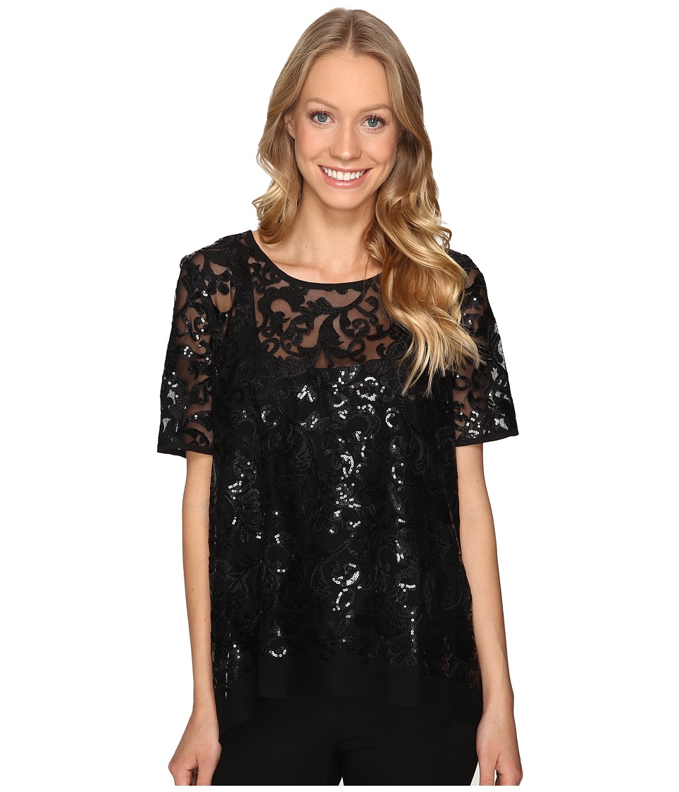 Karen Kane Sequin Mesh Flare Top (Black) Women