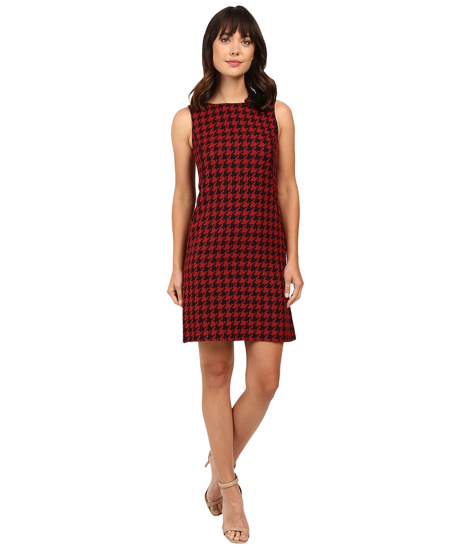 Tahari by ASL Houndstooth Print Shift with Leather Piping (Black/Red) Women