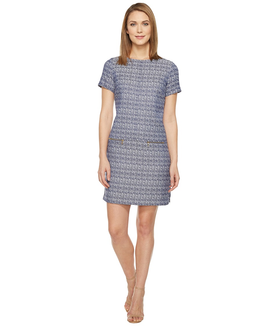 Tahari by ASL Jacquard Short Sleeve Shift w/ Gold Zipper Pockets (Navy/White) Women