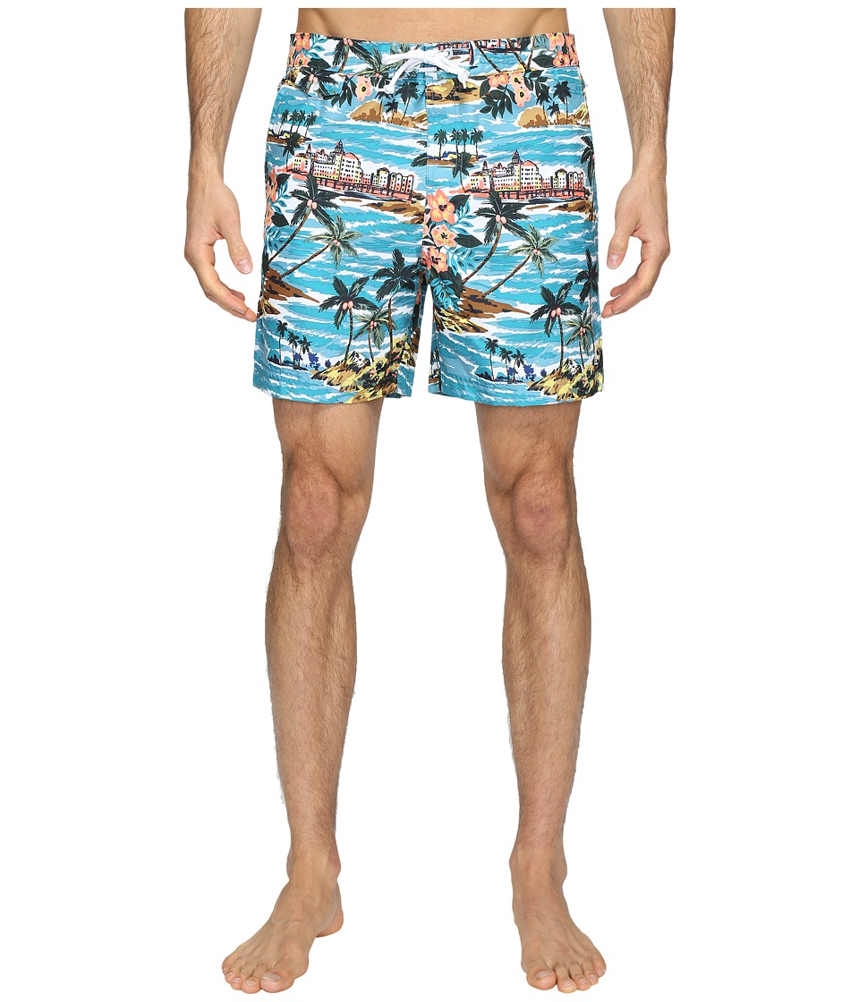 Original Penguin Tropical Printed Fixed Waist Swim Shorts (Pagoda Blue) Men