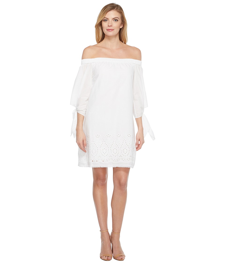 Laundry by Shelli Segal Off the Shoulder Tie Sleeve Dress w/ Embroidered Hem (Optic White) Women