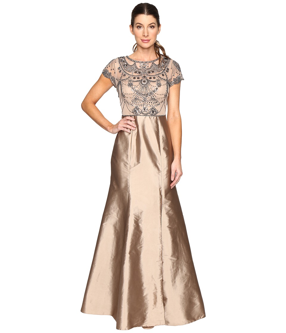 Adrianna Papell Cap Sleeve Necklace Beaded Gown (Antique Bronze) Women