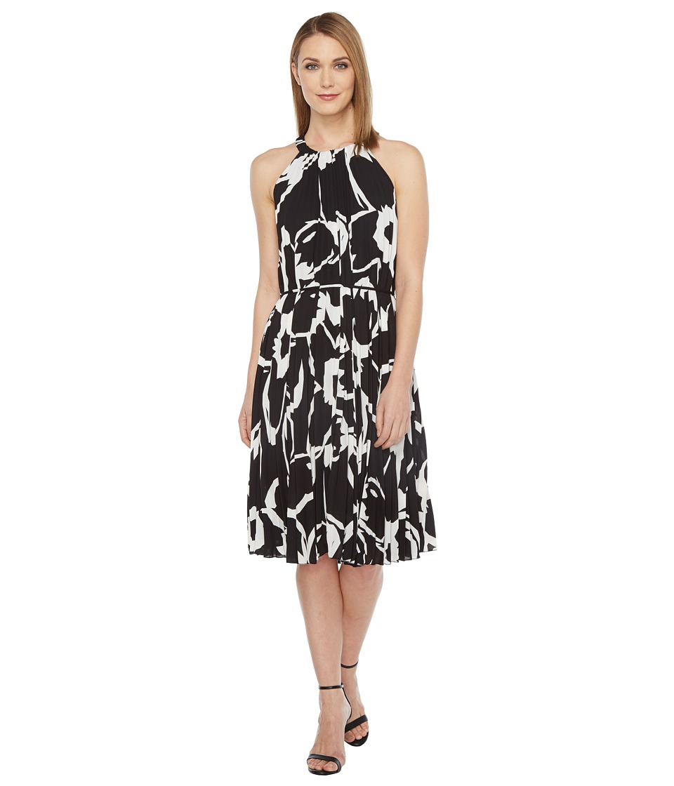Vince Camuto Cut Out Floral Pleated Belted Halter Dress (Rich Black) Women