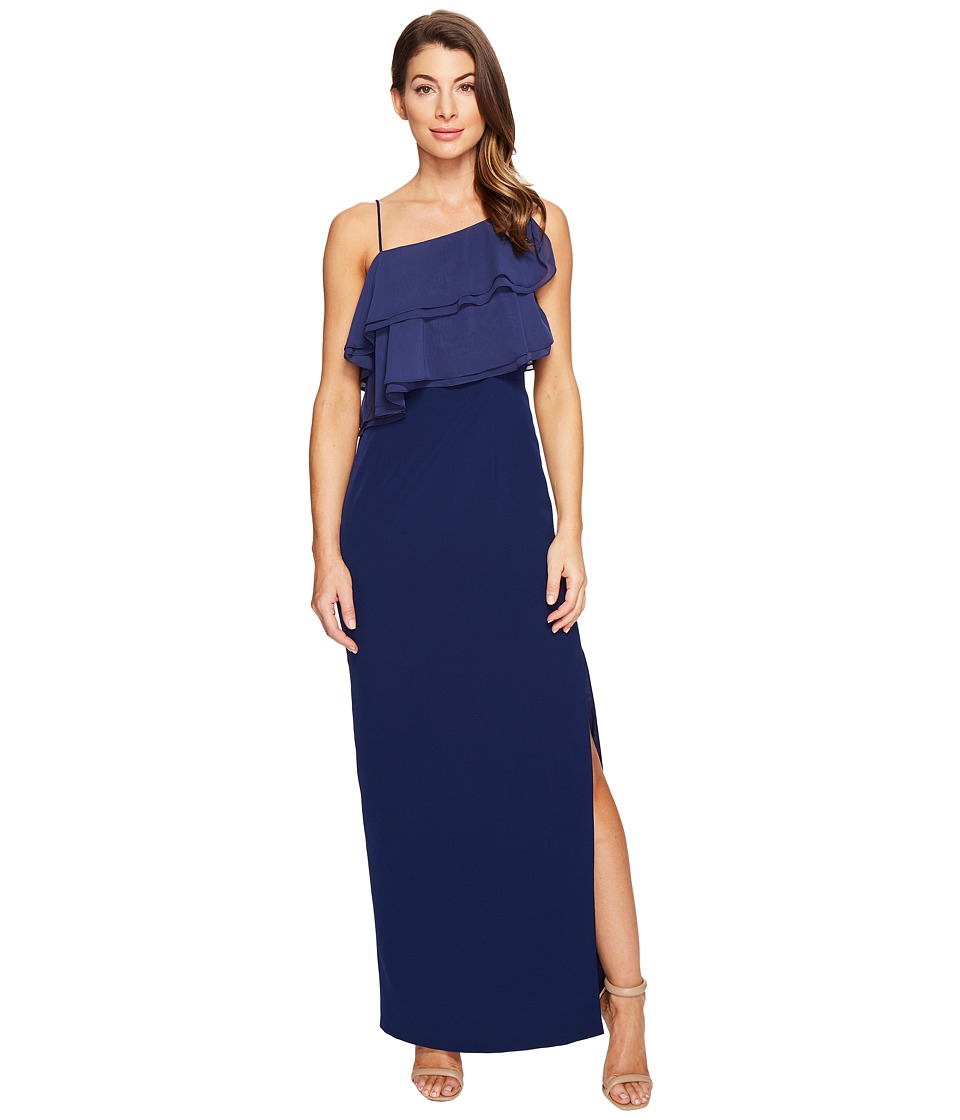 Aidan Mattox Flounce Chiffon and Crepe Gown (Navy) Women