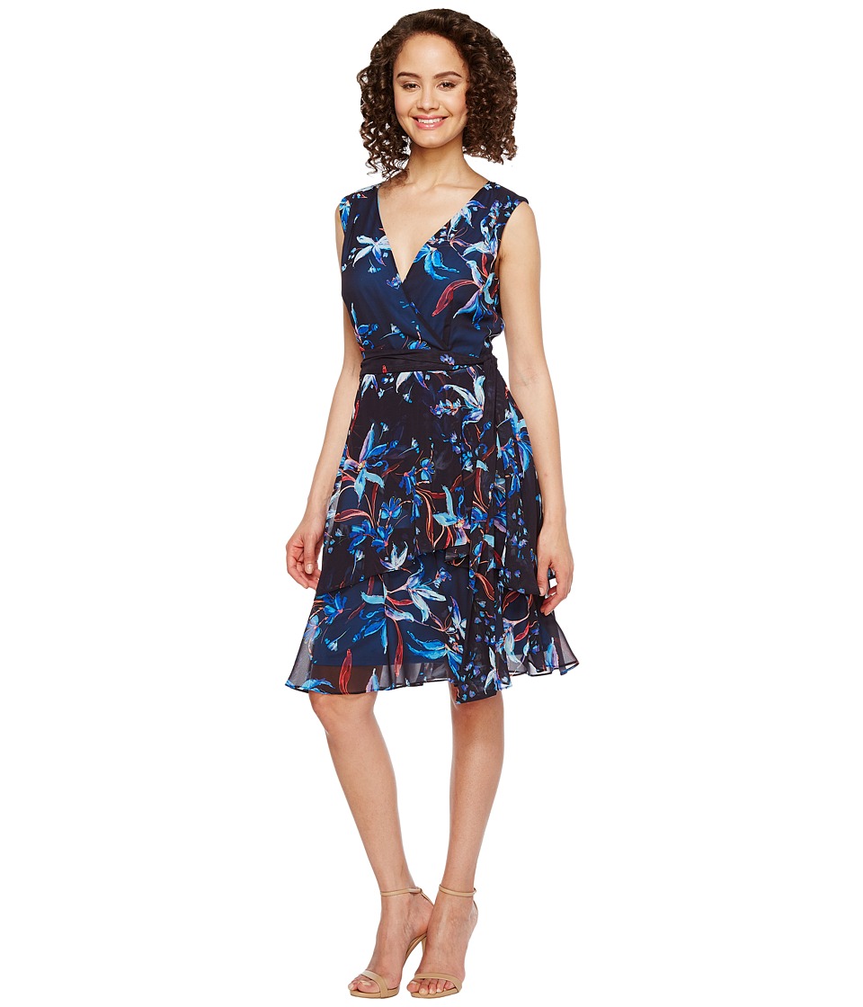 Tahari by ASL Floral Printed Chiffon Dress (Navy/Turquoise/Flame) Women