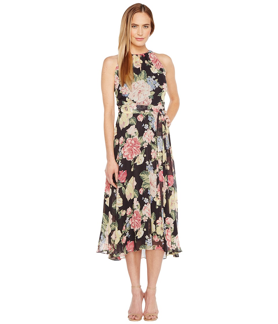 Tahari by ASL Floral Chiffon Midi-Length Dress (Black/Blush/Sage) Women