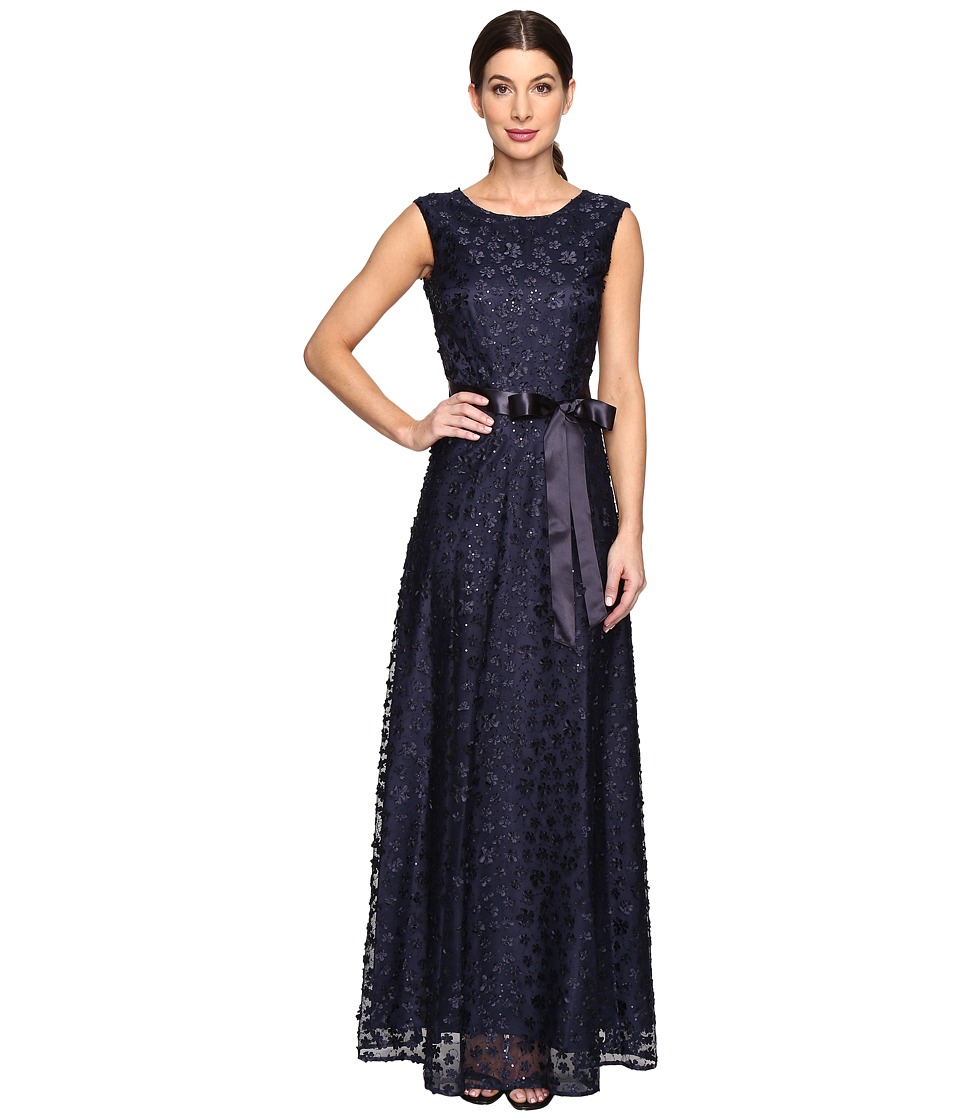 Tahari by ASL All Over Flourettes with Ribbon Belt Dress (Navy) Women