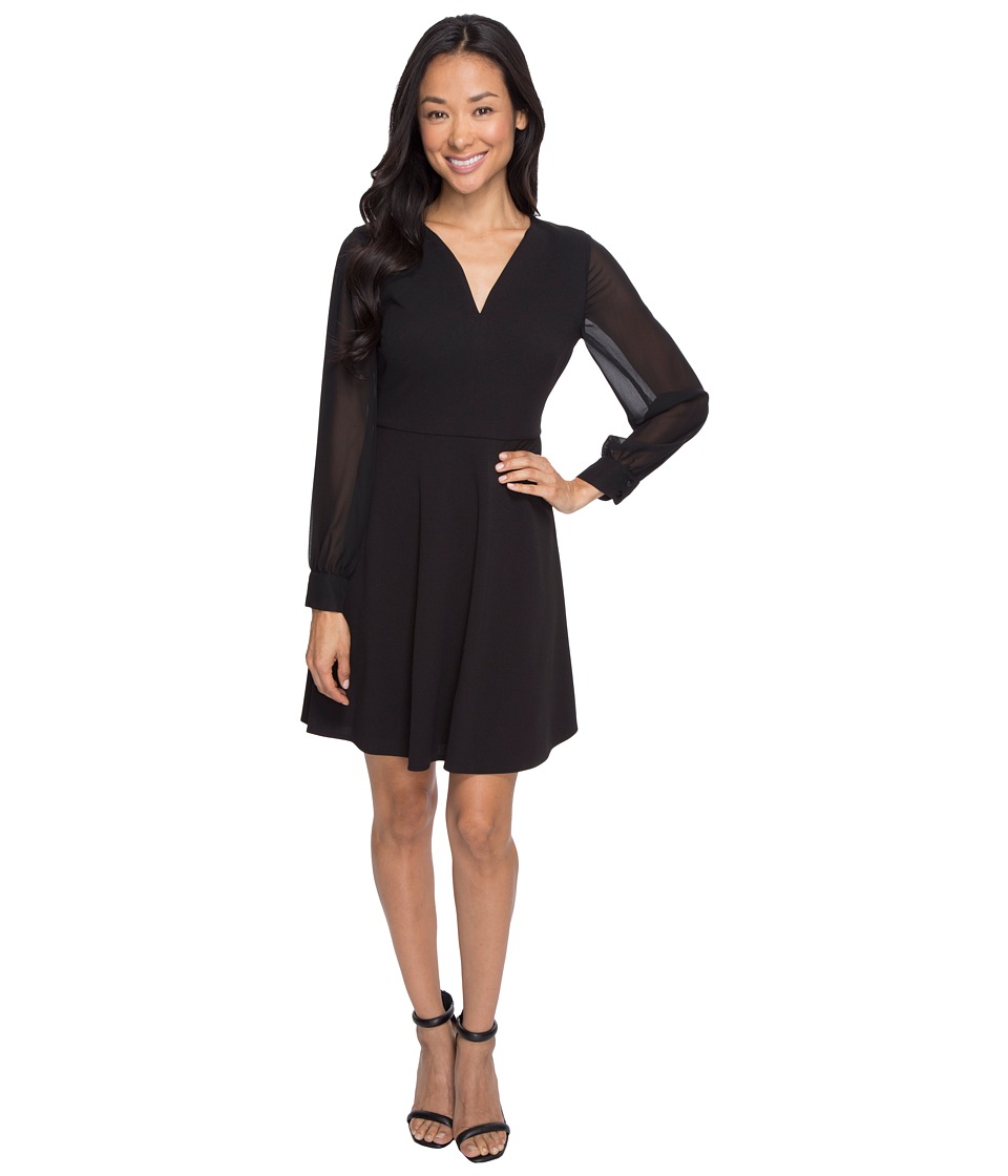 London Times Petite Long Sleeve Split-Neck Full Skirt (Black) Women