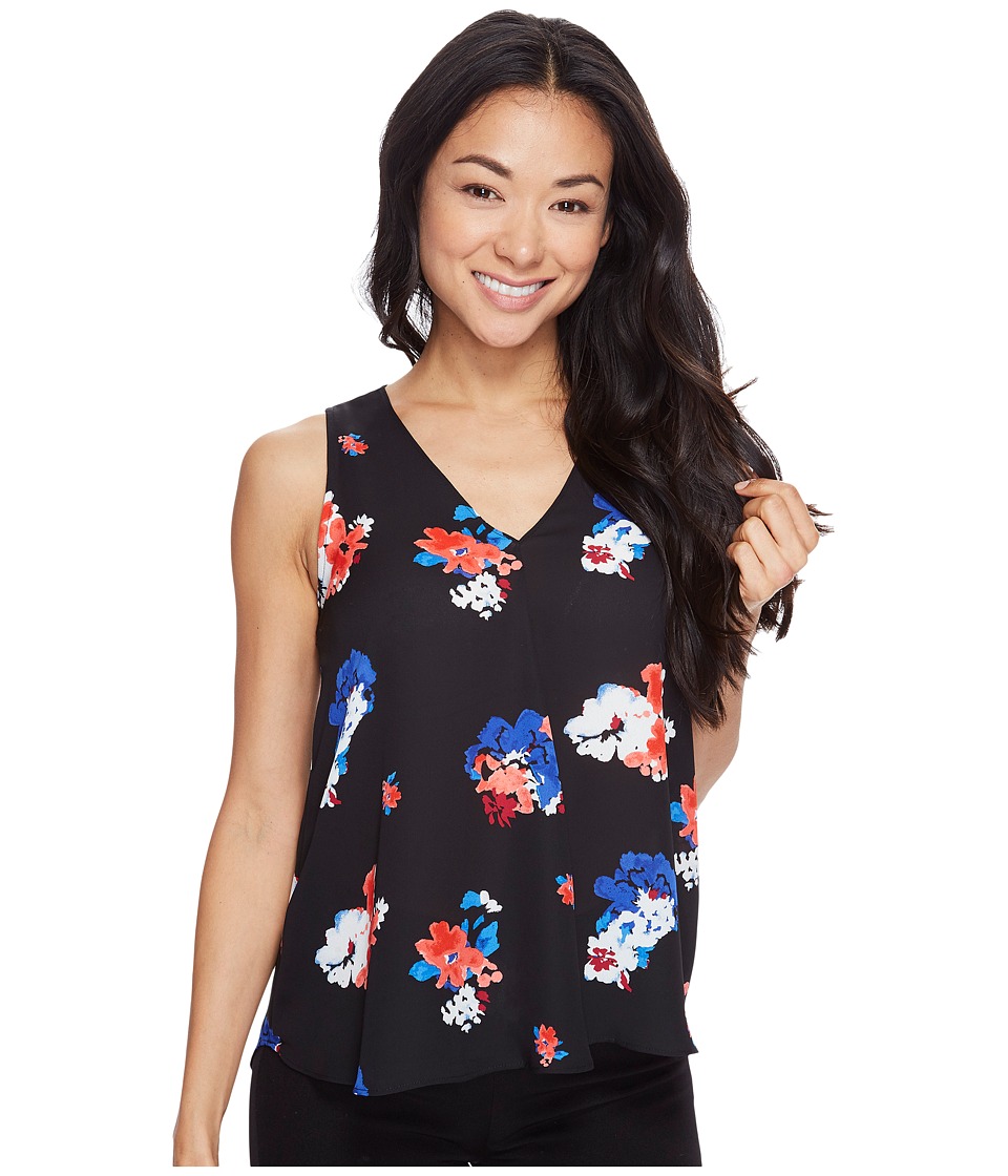 Vince Camuto Specialty Size Petite Sleeveless V-Neck Travel Blooms Drape Front Blouse (Rich Black) Women