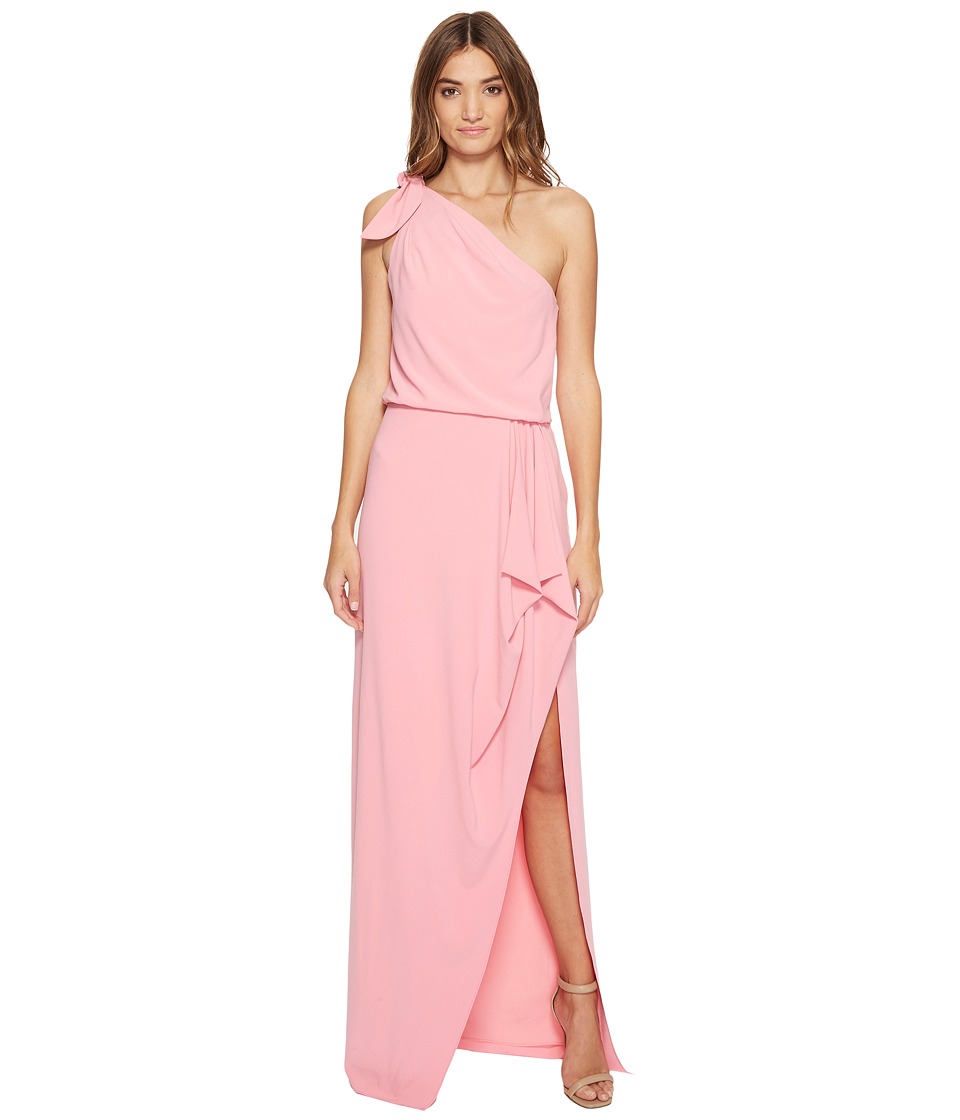 Halston Heritage One Shoulder Crepe Gown w/ Flounce Drape (Peony) Women