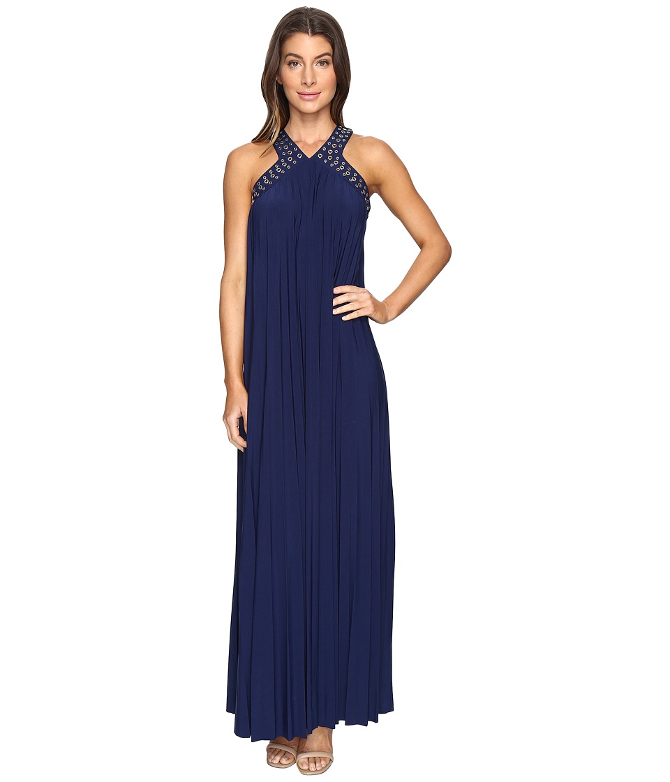 MICHAEL Michael Kors Perma Pleat Embroidered Maxi Dress (True Navy) Women