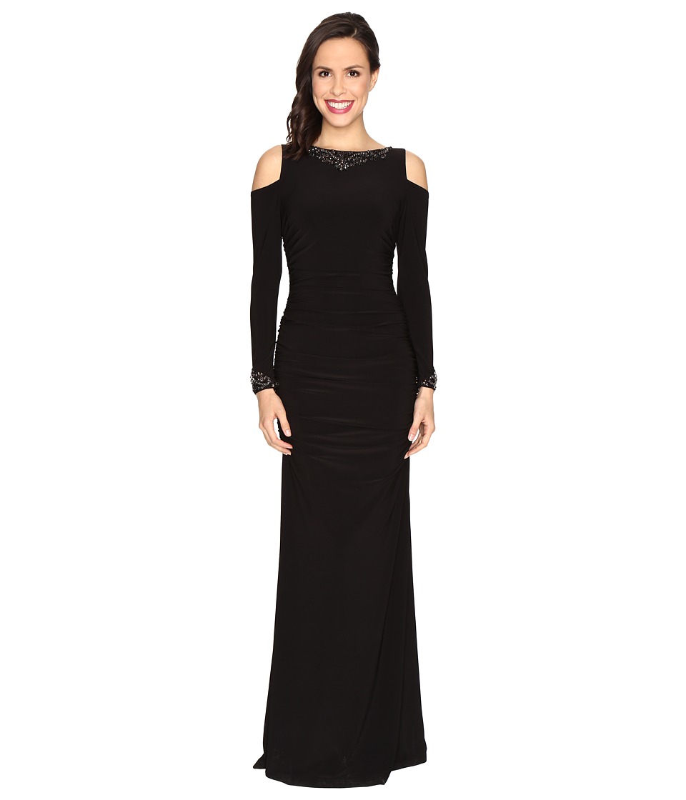 Adrianna Papell Long Sleeve Cold Shoulder Rouched Modified Mermaid Gown (Black) Women