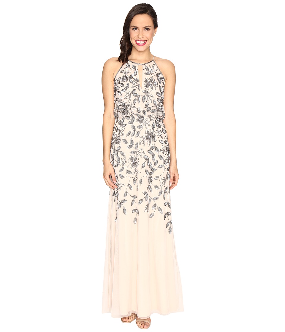 Adrianna Papell Beaded Gown with Plunging Neckline (Taupe/Pink) Women