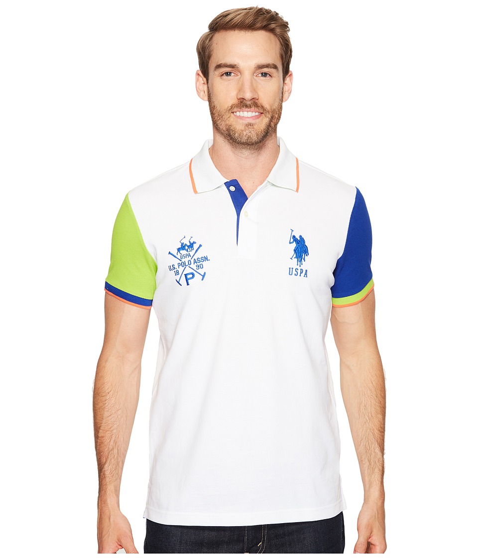 U.S. POLO ASSN. Short Sleeve Color Blocked Slim Fit Pique Polo Shirt (White) Men