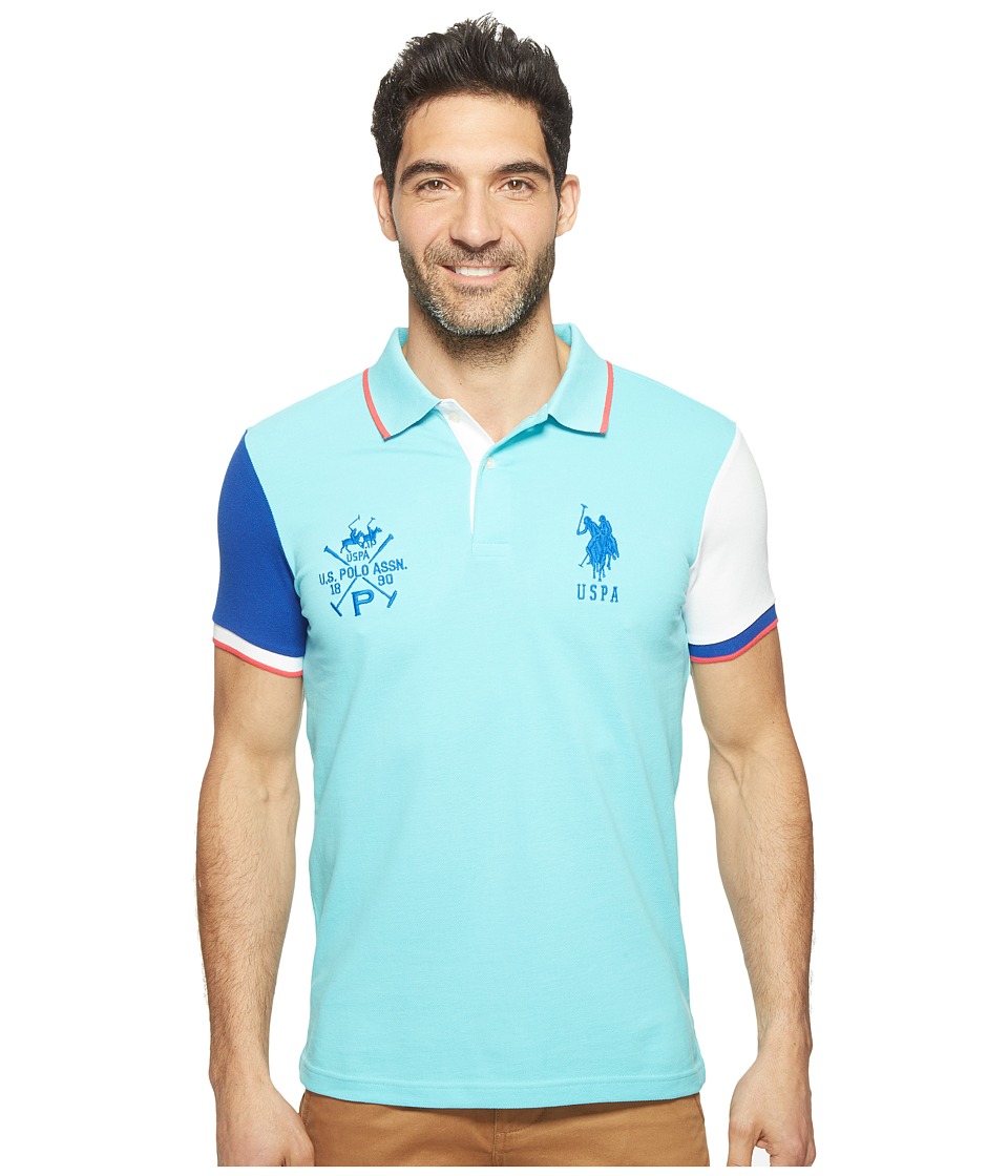 U.S. POLO ASSN. Short Sleeve Color Blocked Slim Fit Pique Polo Shirt (Painters Aqua) Men