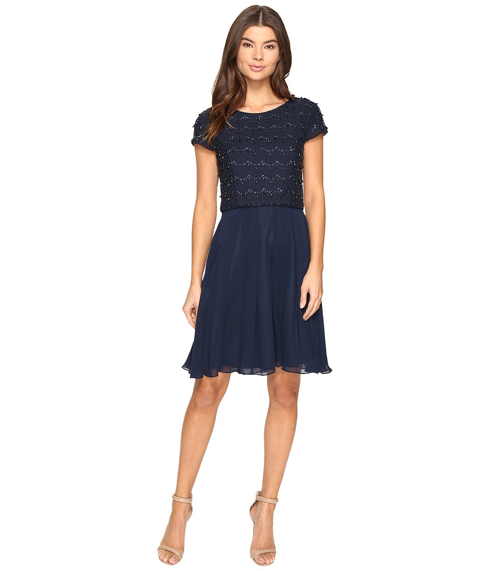 Tahari by ASL Chiffon Popover Dress with Beaded Bodice (Navy) Women