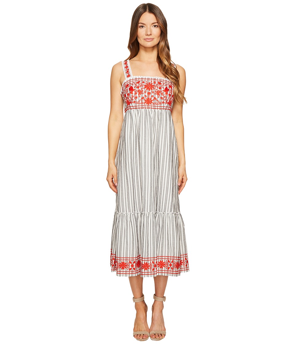 Kate Spade New York Stripe Embroidered Midi Dress (Fresh White/Black) Women